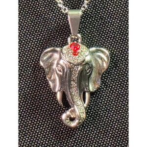 Silver Tone Elephant Pendant Necklace Red Crystal Accent 316L Stainless Steel